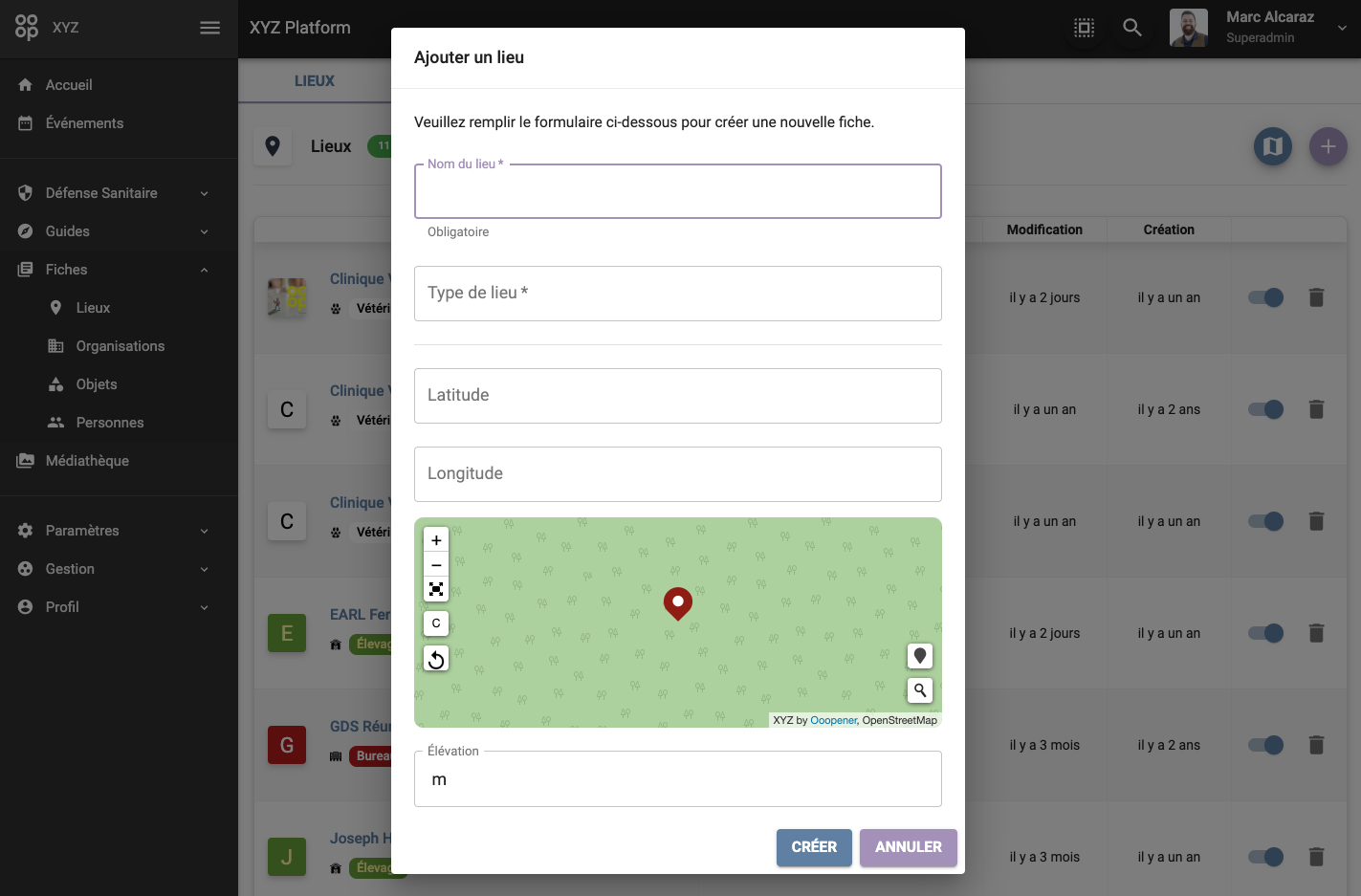 Lieux - Créer un nouveau lieu
