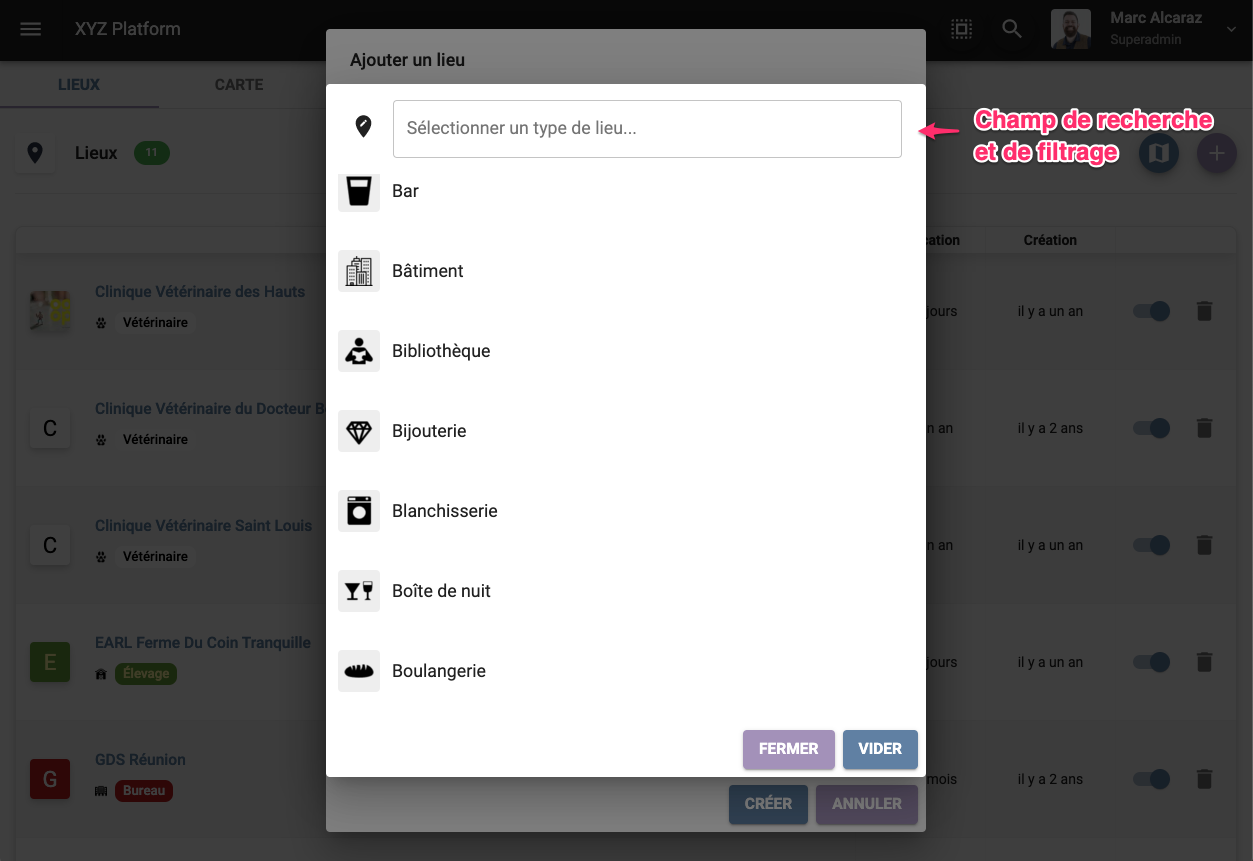 Module de sélection d'un type de lieu